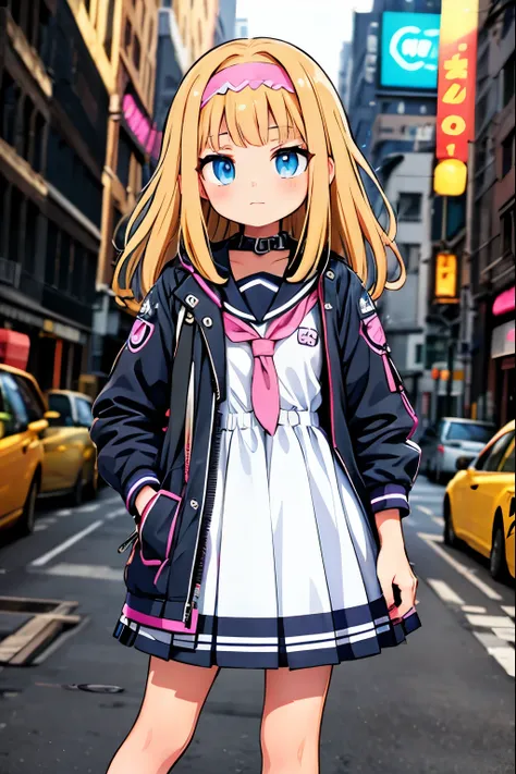 anime girl in a dress and headband standing in front of a building, digital cyberpunk anime art, digital cyberpunk - anime art, ...