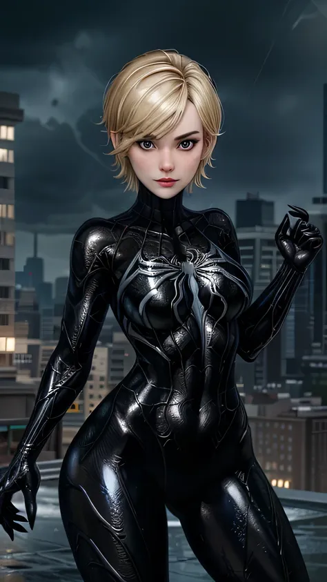 1 girl, spider-man venom black suit, short blunt hair, blond, pretty face, rain, roof, first work, cracked details, perfect anat...