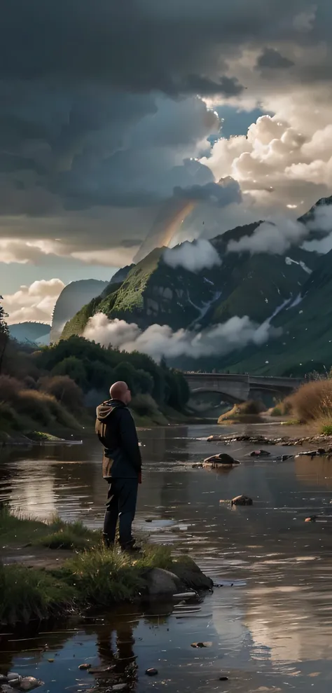 In the center, a person stands by a riverbank or at the base of a mountain, deep in thought. Their face shows a mix of emotions, from contemplation to slight anxiety, reflecting inner struggles and the need to reassess feelings. The background features sce...