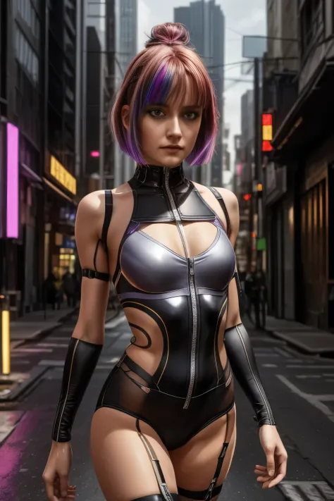 (extremely detailed CG unity 8k wallpaper), (ultra-detailed), masterpiece, best quality, lucy (cyberpunk), bodysuit, solo, breasts, cyberpunk city, multicolored hair, short hair, looking at viewer, medium breasts, black bodysuit, grey eyes, hip vent, cloth...