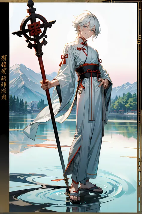 1male, Adult, Grey Colored Eyes, White Hair, Sandals, Smile, Chinese Outfit, Standing On Pond, Staff