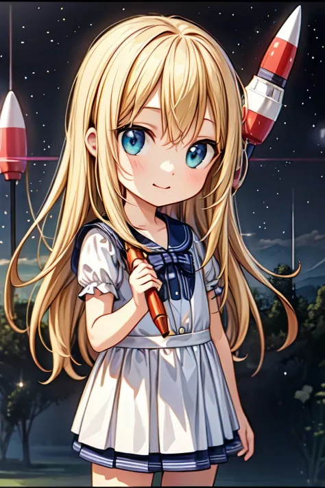 a cute chibi girl playing with a rocket launching shooting stars, digital art, cozy calm atmosphere, vibrant colors, highly detailed, 4k, best quality, photorealistic, masterpiece