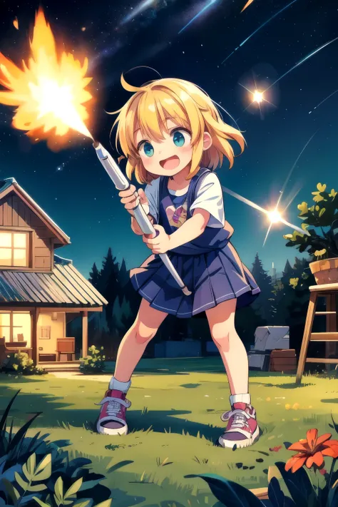 some cute chibi girls playing with a rocket launching shooting stars, digital art, cozy calm atmosphere, vibrant colors, highly ...