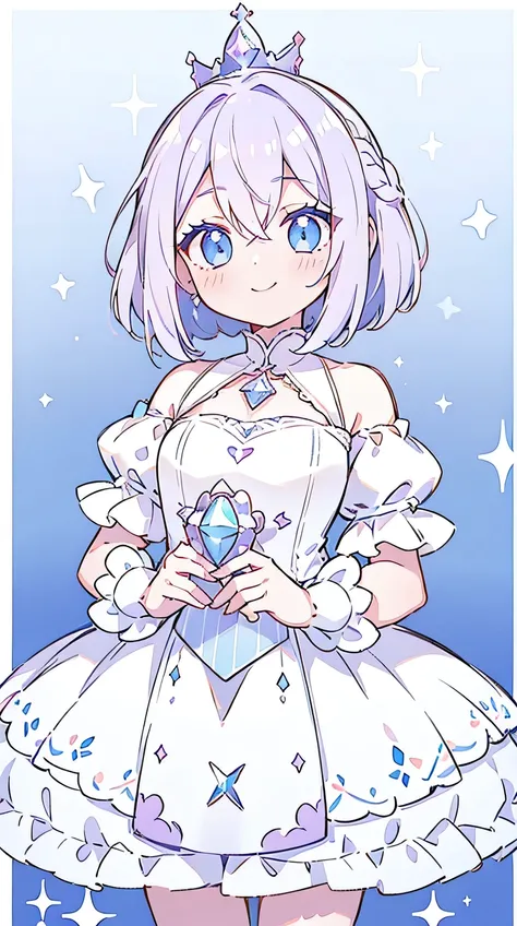 1girl, wearing a white ball gown, bob short purple hair, white diamond crown, hair between eyes, blush, smile, blue eyes, (pastel colors:1.3), best quality,4k,8k,detailed face, Cowboy Shot