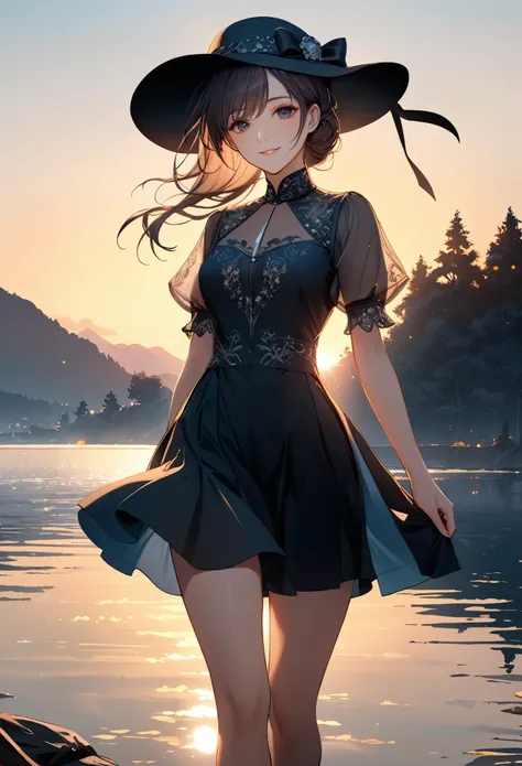 smile,hat,perfect anatomy,lakeside,sunset,cinematic lighting,(masterpiece,8k,Professional,perfect composition,very aesthetic,absurdres,ultra-detailed,intricate details:1.2),perfect proportion,hand