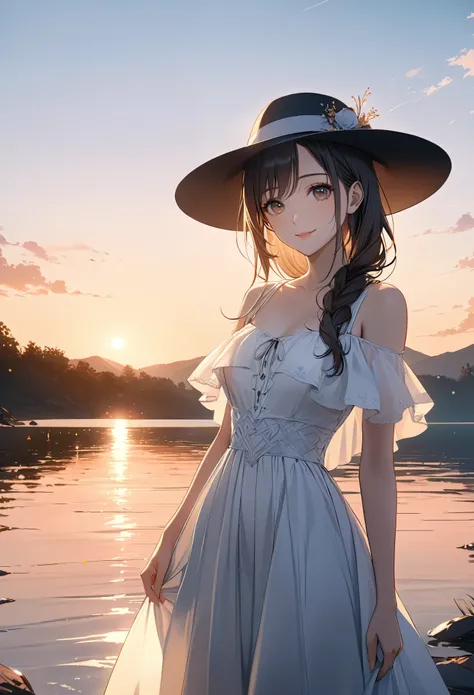 smile,hat,perfect anatomy,lakeside,sunset,cinematic lighting,(masterpiece,8k,Professional,perfect composition,very aesthetic,absurdres,ultra-detailed,intricate details:1.2),perfect proportion,hand