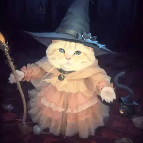 araffy cat dressed as a witch with a broom and a hat, cat witch, scarry but bewitching, witchy, dressed like a magician, archmage with hat, in a halloween style, Super Math Wizard Cat, in an elegant dress, witch, cat with hat, oil painting of cat witch, a ...