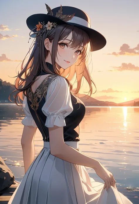 smile,hat,perfect anatomy,lakeside,sunset,cinematic lighting,(masterpiece,8k,Professional,perfect composition,very aesthetic,absurdres,ultra-detailed,intricate details:1.2),perfect proportion,hand