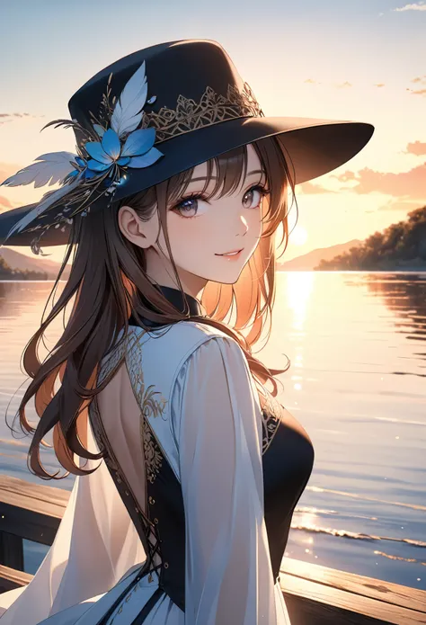 smile,hat,perfect anatomy,lakeside,sunset,cinematic lighting,(masterpiece,8k,Professional,perfect composition,very aesthetic,absurdres,ultra-detailed,intricate details:1.2),perfect proportion,hand