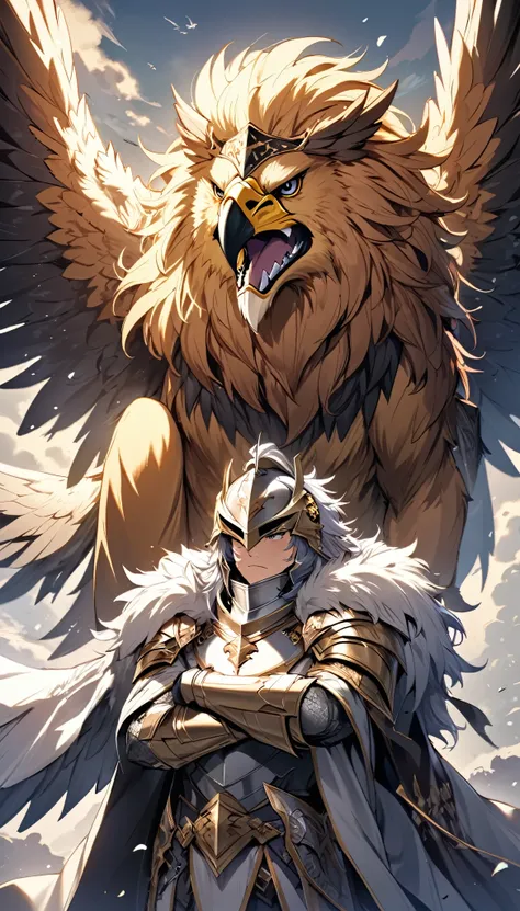 fantastic mythical fantasy, holy knight, eagle-head helmet, lion mane decoration, a cloak woven from lion fur, eagle wings growi...