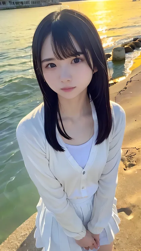 Highest quality、masterpiece、One Girl、Cute Face、 、shy:0.2、Small Nose、Fuller lips、White camisole、Long sleeve beige cardigan、White long skirt、barefoot、Highly detailed face and skin texture、Small face、Small breasts、walk、break、summer night、walk along the beach、...