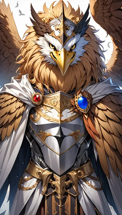 fantastic mythical fantasy, holy knight, eagle-head helmet, lion mane decoration, a cloak woven from lion fur, eagle wings growi...