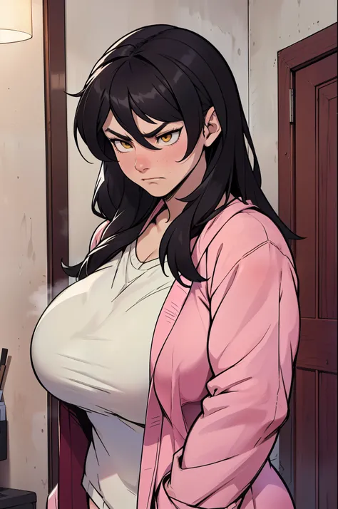 massive breasts huge breasts ((((muscular girl)))) ((((muscular girl)))) ((((muscular girl)))) toned body long hair black hair yellow eyes pale skin serious look empty eyes sad frown embarrassed embarrassed embarrassed embarrassed bathrobe bathrobe bathrob...