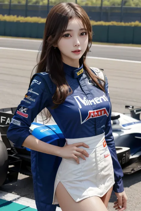 One Girl, 1 person,Highest quality,High resolution,超High resolution,8k,Realistic,Upper Body,encounter_audience,Large Breasts, the body is slim,(Race Queen miniskirt Costume:1.2), circuit,F1 Race,