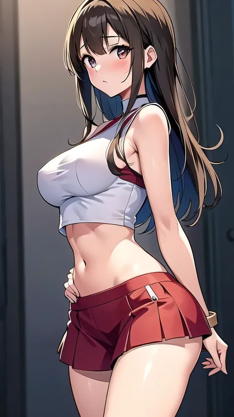 anime style: Kimi no Koto ga Dai Dai Dai Dai Daisuki na 100-nin no Kanojo, symmetrical face, white woman and light brown hair, young woman of 1, very realistic anime, a slave woman from ancient Egypt with a crop top period linen, short tight miniskirt, bod...