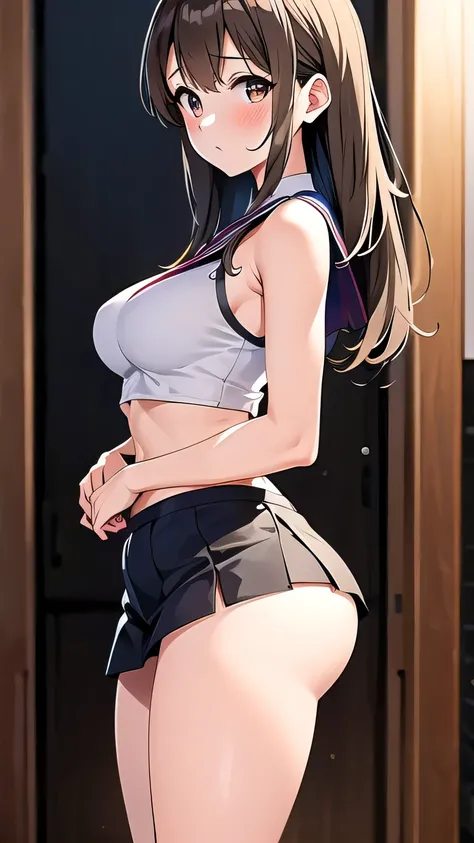 anime style: Kimi no Koto ga Dai Dai Dai Dai Daisuki na 100-nin no Kanojo, symmetrical face, white woman and light brown hair, young woman of 1, very realistic anime, a slave woman from ancient Egypt with a crop top period linen, short tight miniskirt, bod...