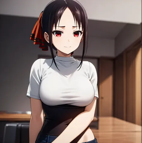 1girl,alone,kaguya shinomiya,best quality (masterpiece: 1.2),detailed,closed mouth,light smile, black hair, red eyes, short hair, folded ponytail, hair ribbon, black tank top, tight shirt, blue jeans, skinny jeans, exposed waist, red ribbon, medium breasts...