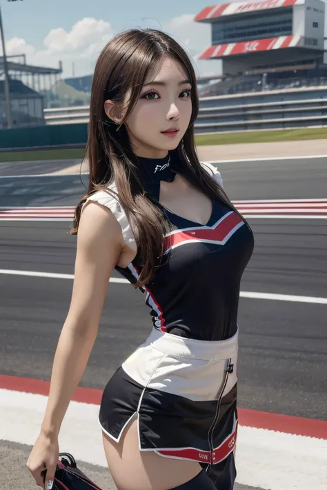 One Girl, 1 person,Highest quality,High resolution,超High resolution,8k,Realistic,Upper Body,encounter_audience,Large Breasts, the body is slim,(Race Queen miniskirt Costume:1.2), circuit,F1 Race,