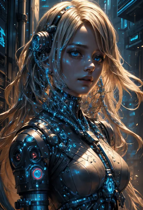 close up of a cybernetic girl, long messy blonde hair, highly detailed, biomechanical girl with a beautiful face, leather armour...