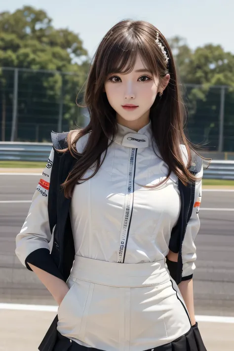 One Girl, 1 person,Highest quality,High resolution,超High resolution,8k,Realistic,Upper Body,encounter_audience,Large Breasts, the body is slim,(Race Queen miniskirt Costume:1.2), circuit,F1 Race,