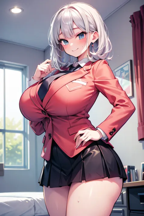 anime illustration、high resolution、smile、a busty high school girl with huge breasts shows off her sexuality in a blazer at a sle...