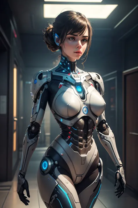 A woman who was transformed into a robot　Mechanical body　Mechanical limbs　Background is indoors, UHD, retina, masterpiece, accurate, anatomically correct, textured skin, super detail, high details, high quality, award winning, best quality, highres