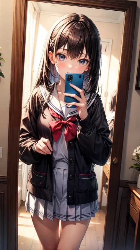 masterpiece, best quality, high quality, detailed, ultra detailed, hyper detailed, insanely detailed, exquisite, beautiful, FHD, Full-HD, 4K, 8K, 16K, highres, absurdres, A detailed illustration of a girl taking a selfie in front of a mirror. She is wearin...