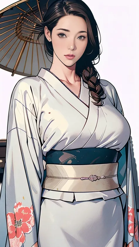 1，Japanese hairstyle，Photorealism，detailed，masterpiece，mature，((full))， (Broad shoulders), ((Huge))，Plus size mature women，expensive，30 years old，Pretty face, (Plump woman)，Beautiful long-sleeved kimono，kimono，Hold your chest with both hands:1，high quality...