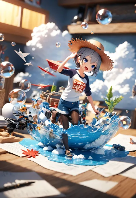 There is a suitcase with a straw hat on top, clouds, atmosphere, leaves, chrysanthemums floating in the air, paper airplanes, (miniature: 1.2), 2.5d illustration, 3d rendering, 3d modeling, bubble matt, trend in behans 3d art, trend in behans 3d art, 3d il...