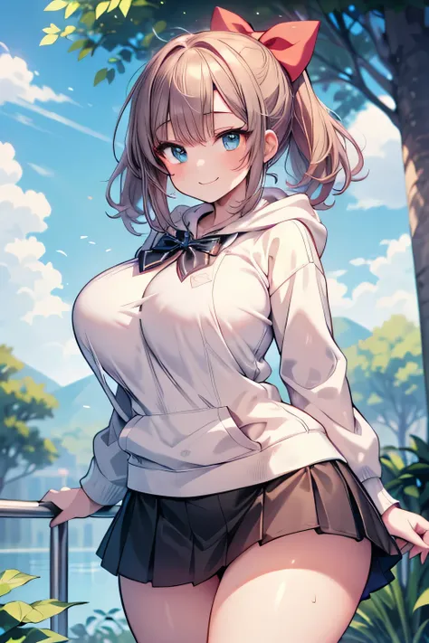 Anime illustration、High resolution、smile、A busty, chubby, lewd high school girl shows off her sexuality in a natural park while wearing a hoodie over her shirt、Bow ribbon tie、mini skirt、Perfect proportions、Cowboy Shot、Plump thighs、Sharp Eyes、Sweaty