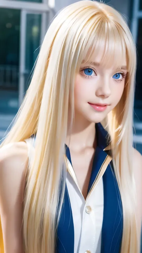 Portrait、School uniform、Bright expression、ponytail、Young, lustrous, glowing, white skin、The best beauty、Blonde reflection、Platinum blonde hair with dazzling highlights、Shiny bright hair,、Super long silky straight hair、Shiny beautiful bangs、Sparkling, trans...