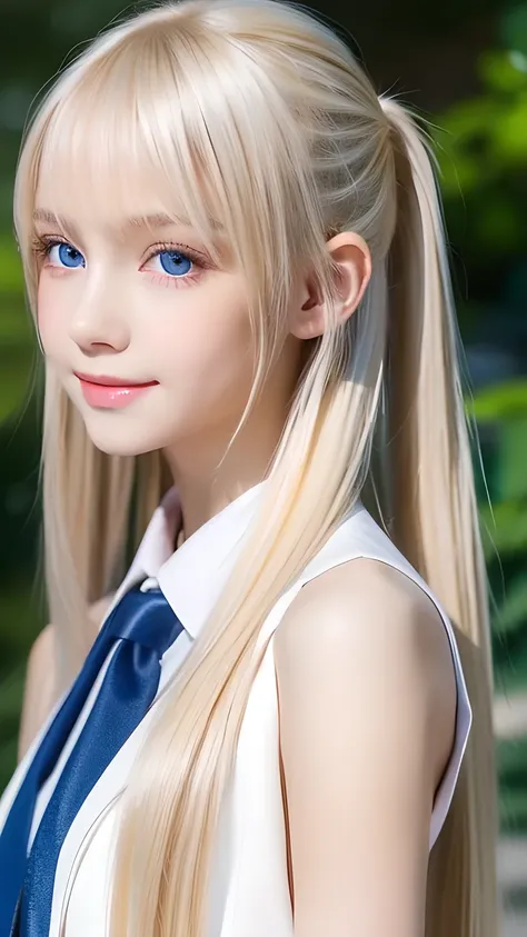 Portrait、School uniform、Bright expression、ponytail、Young, lustrous, glowing, white skin、The best beauty、Blonde reflection、Platinum blonde hair with dazzling highlights、Shiny bright hair,、Super long silky straight hair、Shiny beautiful bangs、Sparkling, trans...