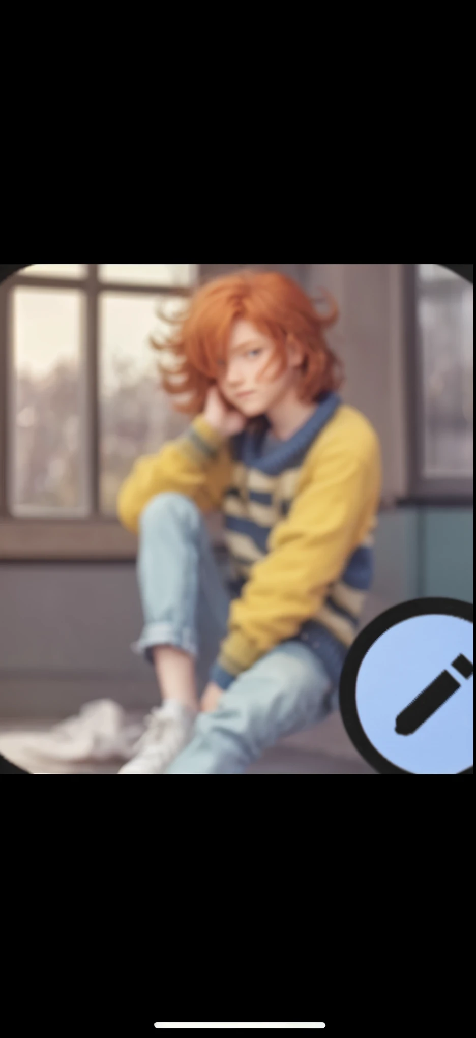 Anime, boy, male,  long thick Ginger hair, blue and yellow sweater, Wheatfield 