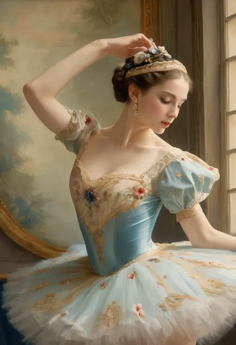 (High resolution,masterpiece:1.2),(Realistic:1.37)"(Highest quality, High resolution, Very detailed, Realistic),Portrait of a beautiful French ballet dancer from the 19th century, (She is half French and half Japanese., She is a beautiful woman with deep b...