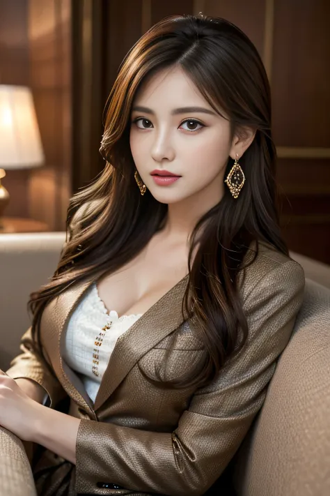 masterpiece, Highest quality, Realistic, Very detailed, Finer details, High resolution, 8k wallpaper, One beautiful woman, Wear a nice suit, In a great restaurant, At night, Light brown messy hair, Perfect dynamic composition, Beautiful and beautiful eyes、...