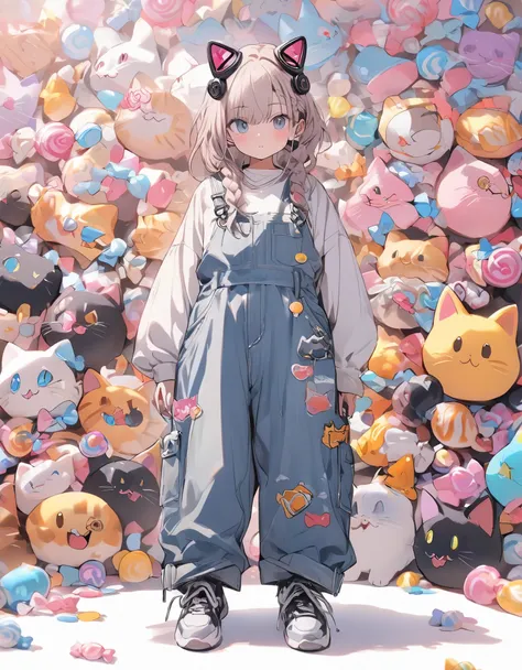 masterpiece、1 girl, braided hair, cool look, overalls clothes, full body, sneakers, faced the front, ((cat headgear)), candy background, (standing upright)