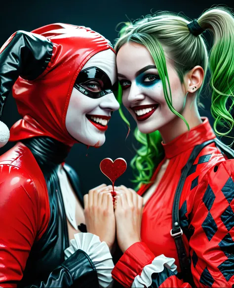 Digital illustration featuring two characters with stylized, anatomically correct facial features in a hyperrealistic style. The joker character on the left has vibrant green hair, fair skin, and a wide, sinister smile with prominent teeth. The Harley Quin...