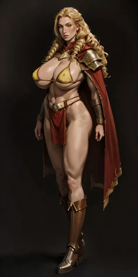 (masterpiece, best quality) (black background) full body standind straight symmetrical, FEMALE warrior princess Mercedez Von Martritz, twin big belt around waist, long curly blonde hair, very white skin, female wearing full body bikini armor with red cape,...