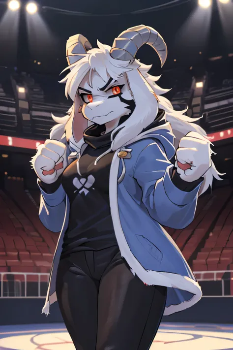 woman, young adult, alone, in an arena, hairy, goat, anthropomorphic goat, Asriel, Undertale ((Asriel Dreemurr)), big breasts, big ass, medium hips, perfect body, tall, ((long hair, long white hair) , black eyes ((black sclerae), reddish pupils, ((slit-sha...