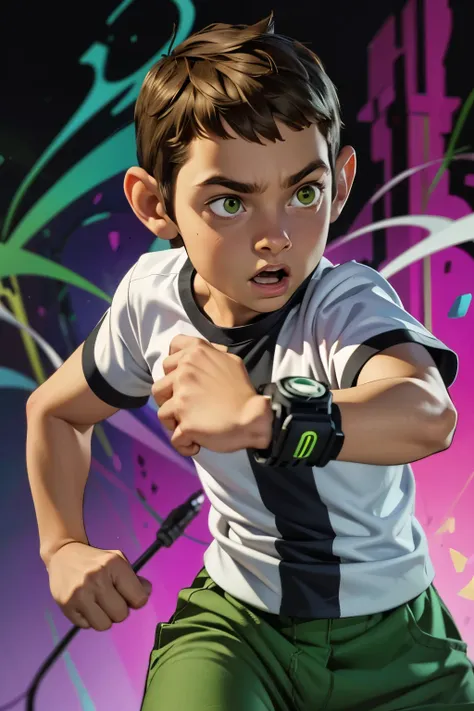 movie poster, ben 10 (((a child, 4yo ))), brown eyes, (((wearing a white outfit with black stripe in the center, green pants))) ...