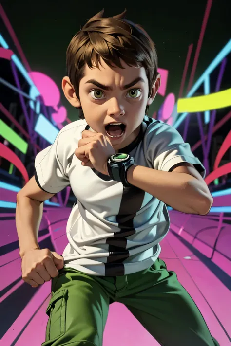 movie poster, ben 10 (((a child, 4yo ))), brown eyes, (((wearing a white outfit with black stripe in the center, green pants))) ...