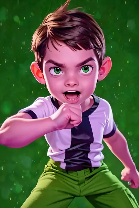 movie poster, ben 10 (((a child, 4yo ))), brown eyes, (((wearing a white outfit with black stripe in the center, green pants))) ...