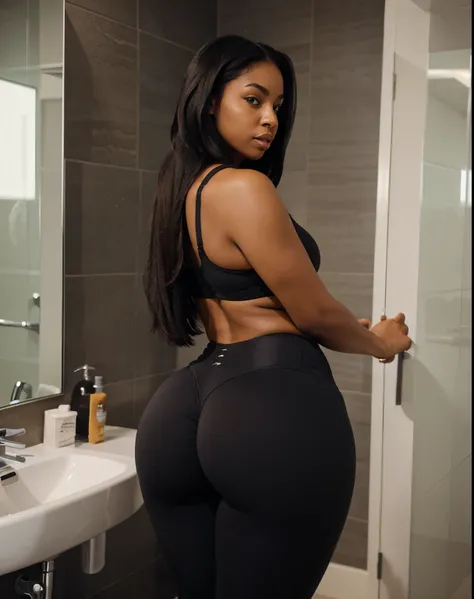 Mixed black ethnicity, curvy girl, long straight hair, wide hips, curvy body, wearing Lifting Leggings Women High Waisted Seamless Workout Leggings Gym Booty Tights Tummy Control Yoga Pants, in bathroom