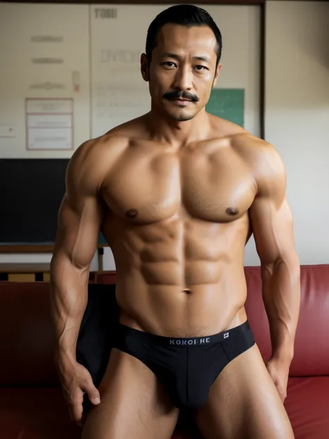 40 years old，Hidetoshi Nakata，（Kogoro Mori 1.3），whole body，Lean，muscle，classroom，teacher，black，foot，Suit，transparent袜子，foot抬起，sofa，Baldhead ，transparent，Thick body hair，underwear，Topless，Densely hairy，Fortitude，HD，With a mustache