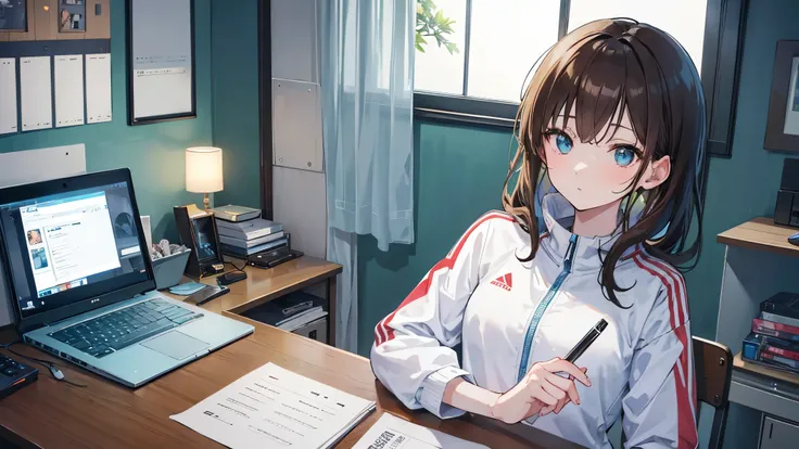 digit, Japanese animation style, super high quality, White, Green, light blue, Refreshing early summer season, night,new moon, Tokyo, Japanese, brown hair,、Tracksuit, machine、Cute, beautiful girl, Silhouette close-up, my room, 壁際のmachine, Sit in a chair an...