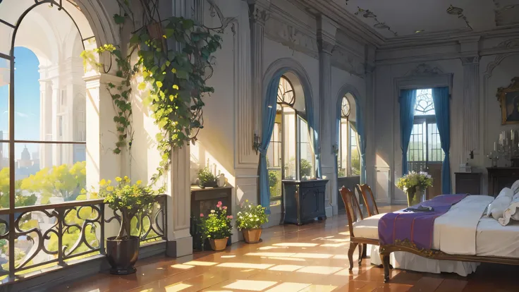 The garden view from the European-style room with beautiful classical music, ultra-detailed, super-detailed, 4K, 8K,