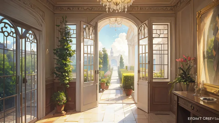 The garden view from the European-style room with beautiful classical music, ultra-detailed, super-detailed, 4K, 8K,