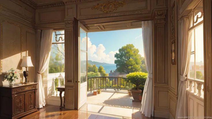 The garden view from the European-style room with beautiful classical music, ultra-detailed, super-detailed, 4K, 8K,