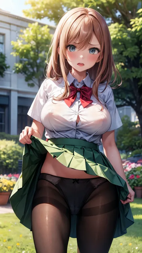 best quality,1girl,((big breasts:1.1)),orgasm,blush,angry,sweat,steam,nm1, ((school uniform, white shirt, green skirt, mini skirt, lift skirt, upskirt, pantyhose,panties under pantyhose:1.3)),garden,walking,pussy juice,dildo under panties,dildo under cloth...