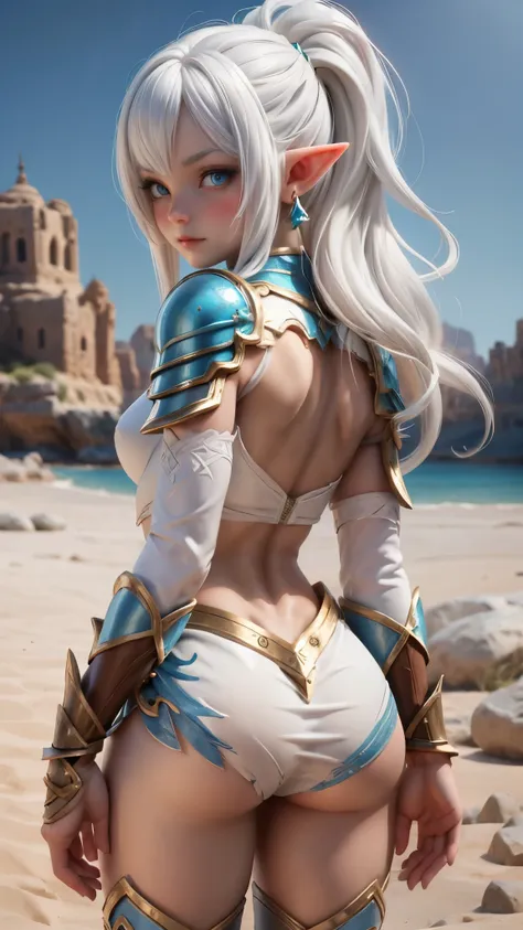 ariel, upper body portrait, elf, white hair, beautiful, cute skimpy fantasy armor, warrior, midriff, fit, white hair, cowboy sho...